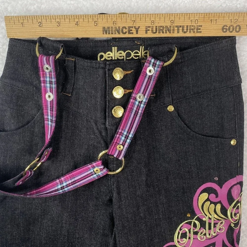 Y2K Pelle Pelle Girls‎ Jeans 10 Black Suspender Embroidered Hip Hop Festival VTG